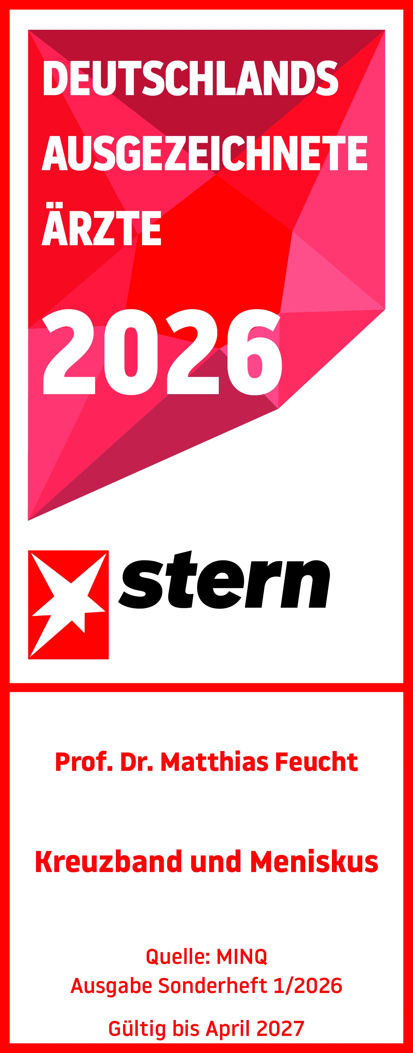 Prof. Dr. Matthias Feucht  zählt zu Deutschlands ausgezeichneten Ärzten 2026